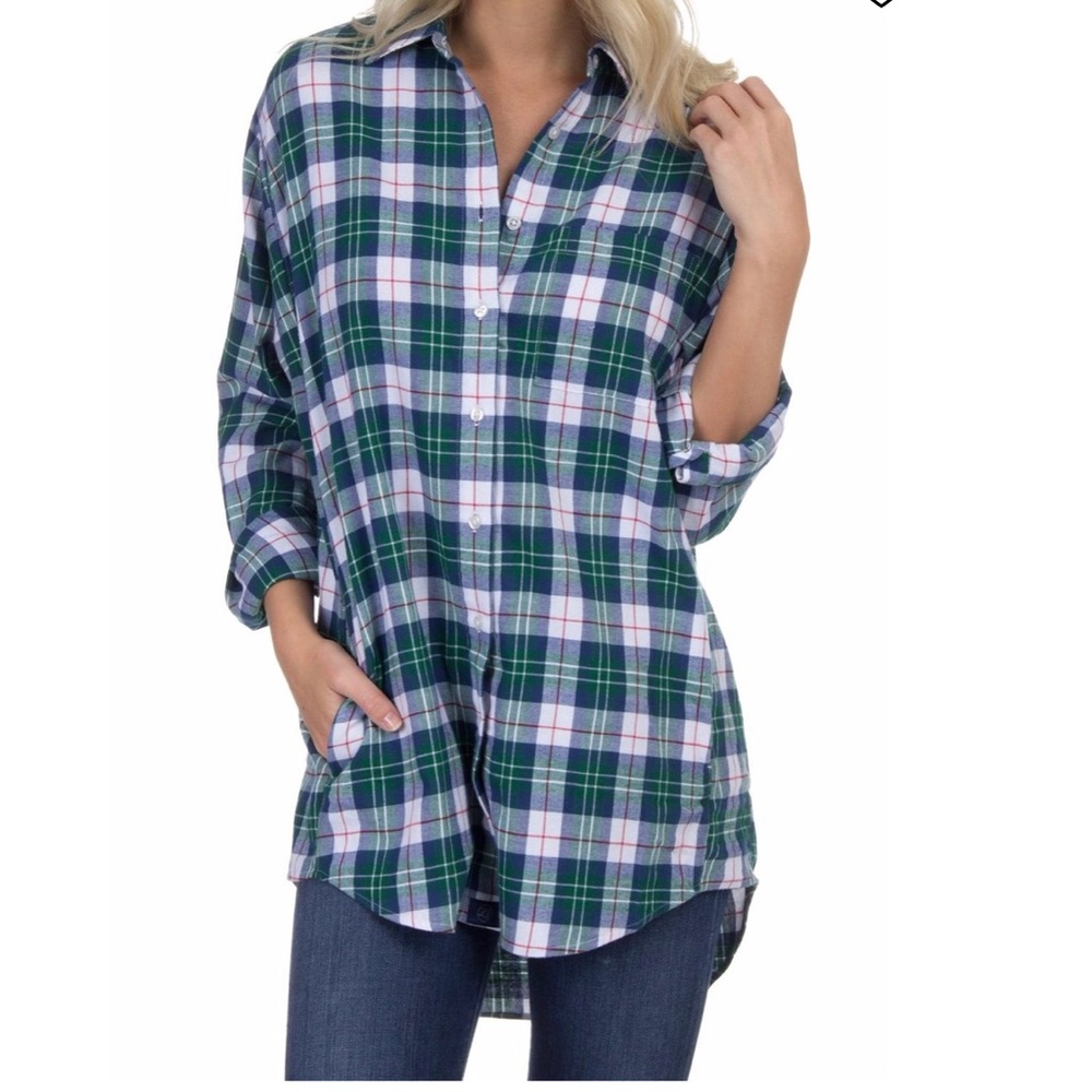 Lauren James Boyfriend Plaid Blue, Green, Button